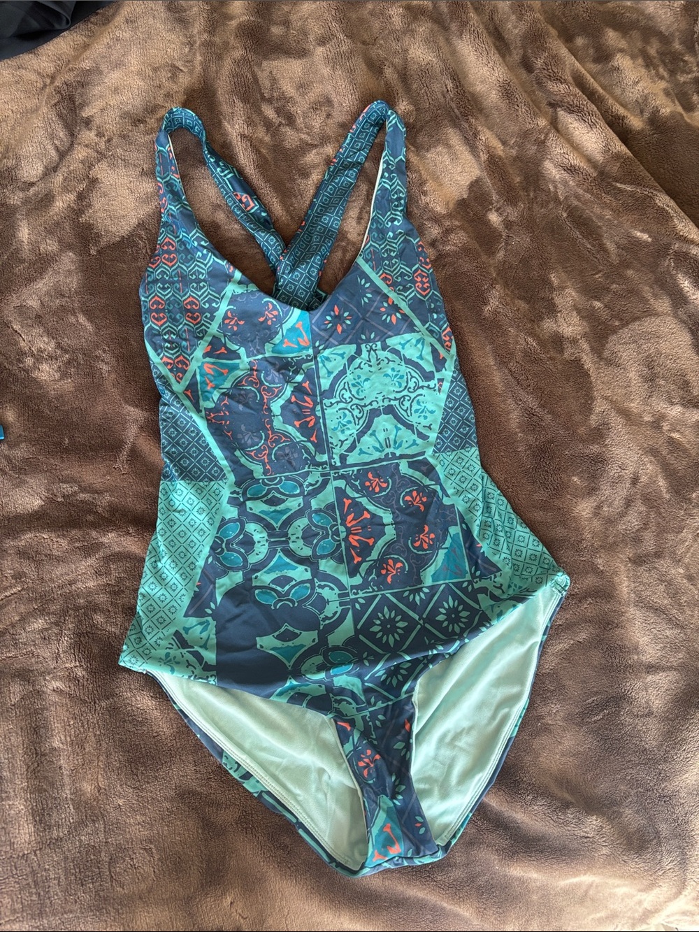 Prana Teal and Navy Tile-Print One-Piece Swimsuit